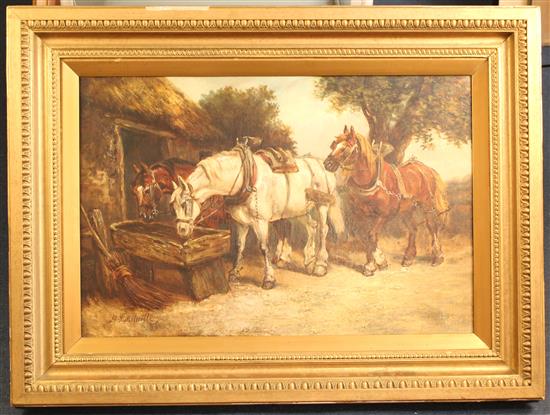 Harden Sidney Melville (fl.1837-1881) Plough horses watering at a trough, 20 x 30in.